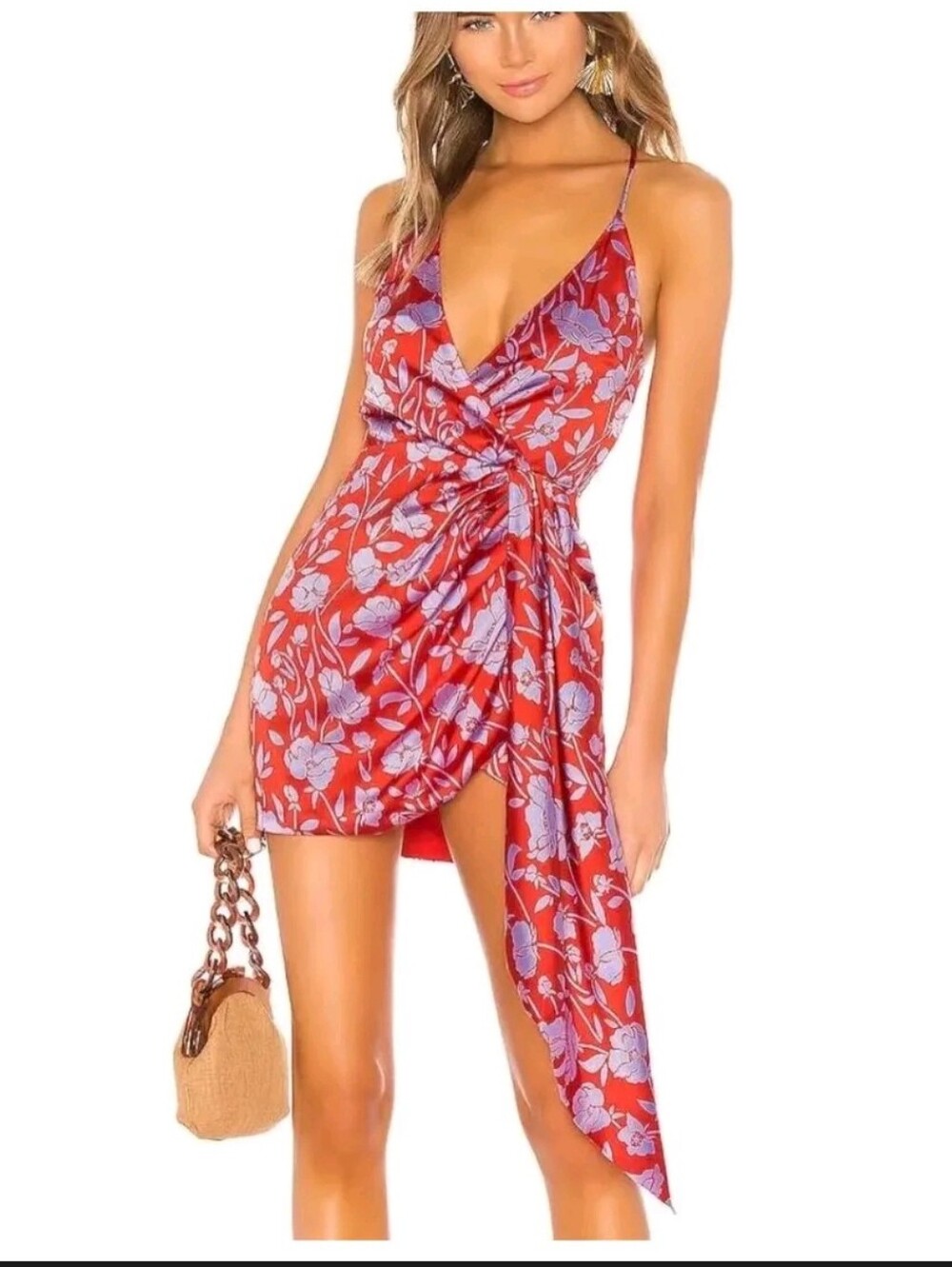 Lovers + Friends Red Floral Wrap Mini Dress with Lavender Print